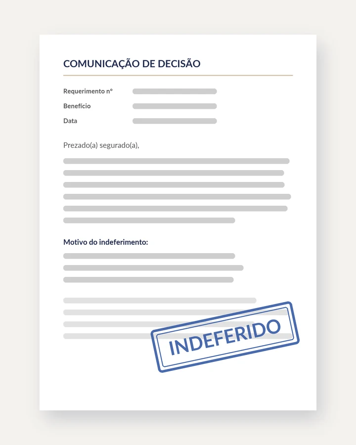Ilustração de uma carta de comunicação de decisão do INSS com o carimbo de indeferido