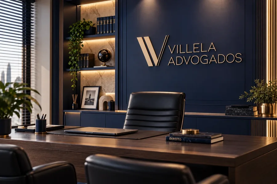 Escritório da Villela Advogados, com mesa de trabalho e o logotipo na parede
